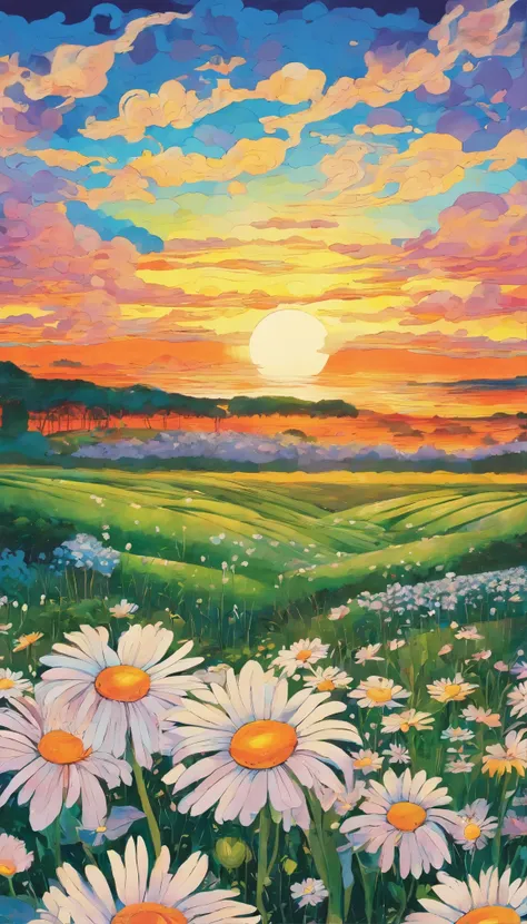 a painting of a field of daisies with the sun setting in the background, floral sunset, field of flowers at night, an aesthetic field of flowers, flower field, field of flowers, very detailed feel, by Justin Gerard, in a field of flowers, sunset illustrati...