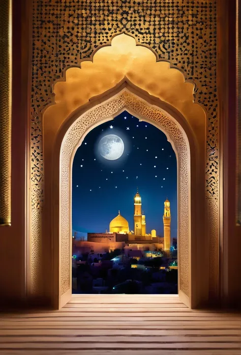 door way, morrocan interior,islamic lantern  shining bright in the dreamy night stars,with view of mosque , full moon shining br...