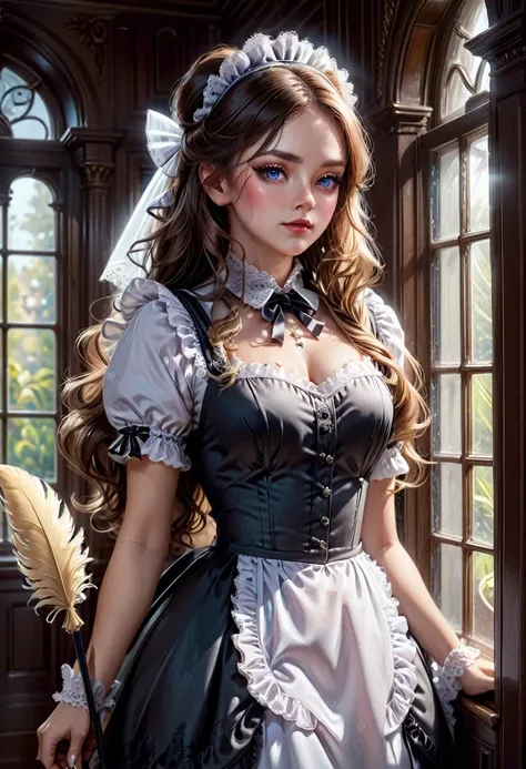 Maid Outfit, a beautiful maid with long flowing hair, detailed eyes, detailed lips, extremely detailed face, long eyelashes, intricate maid uniform with lace and ribbons, holding a feather duster, standing in a luxurious victorian-style room, window light,...