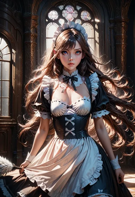 Maid Outfit, a beautiful maid with long flowing hair, detailed eyes, detailed lips, extremely detailed face, long eyelashes, intricate maid uniform with lace and ribbons, holding a feather duster, standing in a luxurious victorian-style room, window light,...