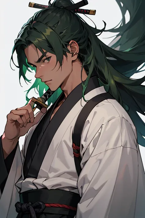 high resolution。8K。male。samurai。Dark green hair。Long Hair。Dark grey clothing。Japanese sword。Upper Body。