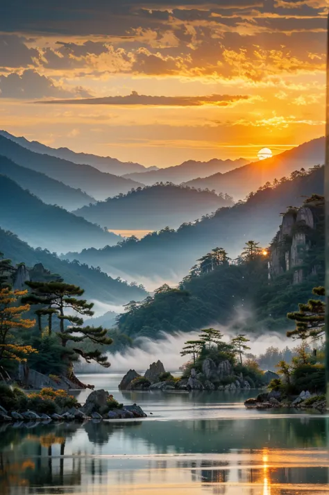 landscape photography，huangshan，mountain，sunset，golden hour，pine，national geographic works，award-winning photos，reality，hd，high ...