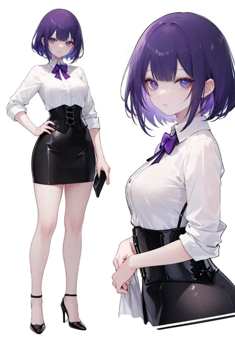 purple hair,short hair,adult female,((rolling up your sleeves shirt)),(corset),(tight skirt),(high heels),((simple white backgro...