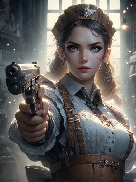 Realistic portraits of Soviet maids in an old photo studio, Maid costume, Holding a gun，Aim at you，dark light, heavy atmosphere, Pastel colors of skirts, Light skin face, Rembrandt Light, Andrea Kowch Style，bruce munro style , Character concept design, 