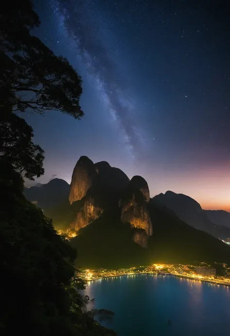 noite escura, um urubu sobrevoando o morro Vista Chinesa, no Rio de Janeiro, stars in the sky and many trees descending over the cliff