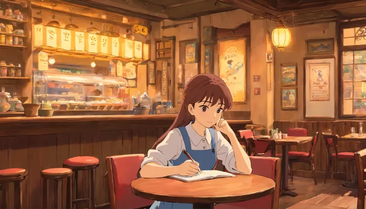 lo-fi cafe, old fashioned cafe, Vintage Cafe, table, girl studying