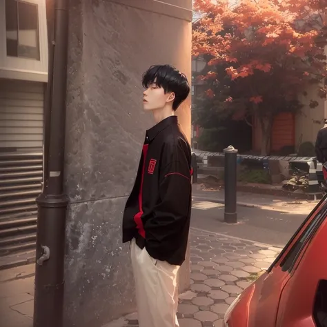 there is a man standing on the sidewalk next to a red car, kim doyoung, sideview, hyung tae, male ulzzang, profile pose, profile shot, jinyoung shin, 165 cm tall, ( side ) profile, looking sideway, taejune kim, in profile, side pose, 155 cm tall, full body...