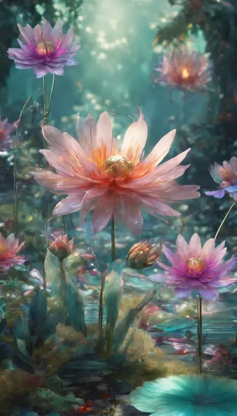 All expressed with jewels, the arrival of spring, A misty pond,Cute fairies, fantastic scenery, transparency, angles looking up from below, various jewels falling from the sky, wonderful and beautiful superb view, slightly hazy, fantastic, high resolution,...