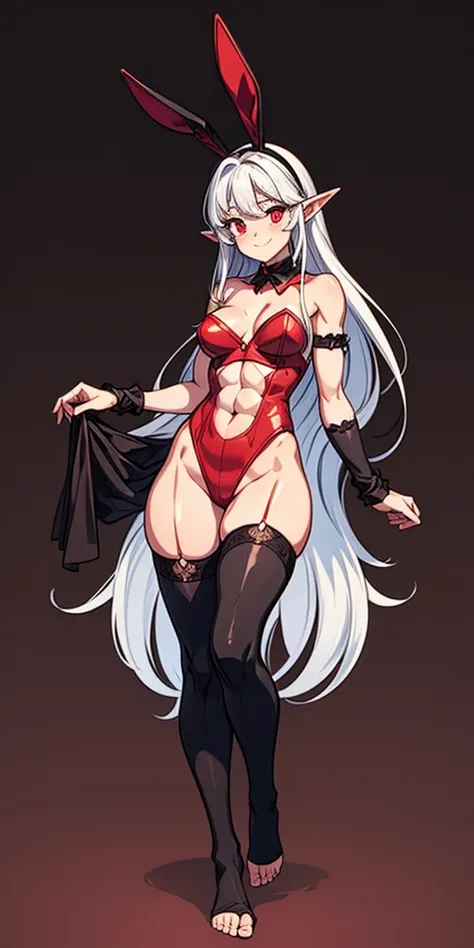 (Masterpiece, plain background:1.2) 1sologirl female full body, standing straight symmetrical barefoot barehands together looking to camera view from farther shot below angle, strong abs, red cheeks smiling, dark elf, darkest blacked elf skin, long mess wh...