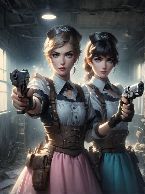 Realistic portraits of Soviet maids in an old photo studio, Maid costume, Right hand holding the gun，The gun is pointed at you，dark light, heavy atmosphere, Pastel colors of skirts, Light skin face, Rembrandt Light, Andrea Kowch Style，bruce munro style , C...