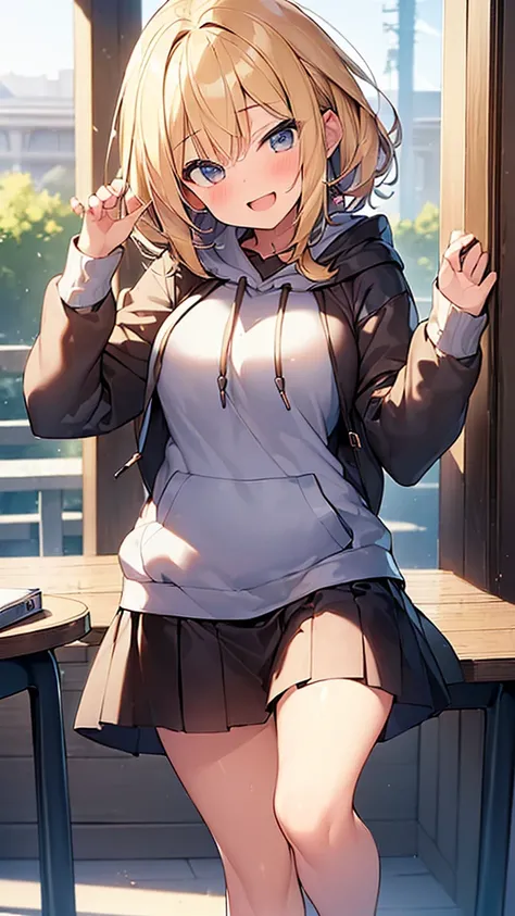 (Masterpiece, Top quality: 1.5), (Hip Length large hoodie:1.4) , 1 beautiful girl, solo, blond hair, short hair, wave hair, (junior high school student:1.2), medium breasts, standard weight, smile:1.2, blush:1.4, open mouth, dynamic pose, beautiful scene, ...