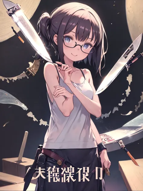 Tabletop, highest quality, One Girl, Sharp eyes, smile,(((Knife in both hands)))、big round glasses,camisole