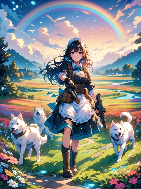 French countryside，Illustration of a cute girl，Black long hair，Wearing maid outfit, maid，Holding a white dog，Walking in the flower fields，Cloudy sky in the background，Right hand holding the gun，The gun is pointed at you，Happy expression，digital art style，R...