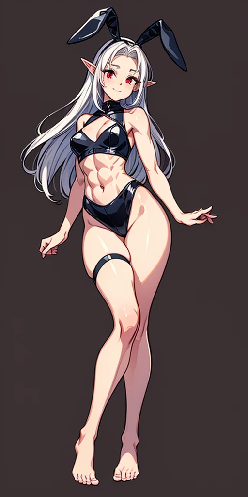 (Masterpiece, plain background:1.2) 1sologirl female full body, standing straight symmetrical barefoot barehands together looking to camera view from farther shot below angle, strong abs, red cheeks smiling, dark elf, darkest blacked elf skin, long mess wh...