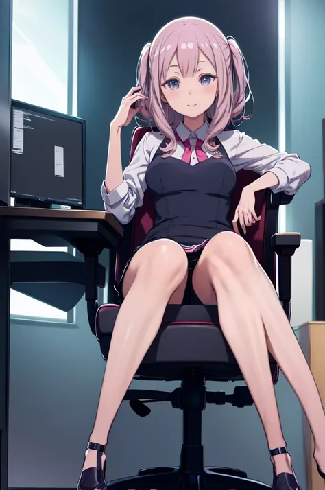 Anime-style image of a woman sitting in an office chair, Enchanting anime girl, (SFW) Safe at Work, Smooth anime CG art, Teasing Smile, Attractive anime girl, Anime Moe Art Style, Realistic , Naughty anime style, Anime Best Girl, On pixiv, Best Anime 4K Ko...