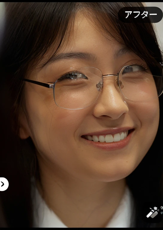 Japanese women, Age 25。Wear glasses、Long Hair、Smiling face with single eyelids。Eliminate reflections on glasses。Make a statement with your eyeglass frames