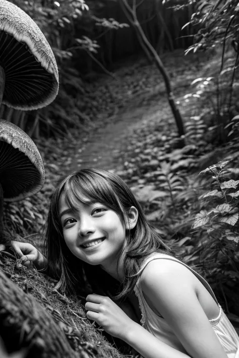 High resolution, highest quality, Super detailed, Fantasy, god々Shii、Black and White、in the forest, One 15-year-old girl, Short Hair,　Dirty dress、cute、a lot of mushrooms、smile、Angle from below、