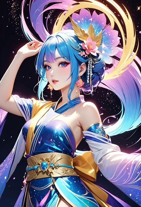 (masterpiece, best quality:1.1),
(ultra highres, ultra-detailed:1.2) ,A married Japanese goddess uses magical powers to create new gods,blue aura,divine,beautiful effects,Alluring,black Background,dynamic pose,(Glitter:1.5) ,(colorful sparkle:1.5) ,