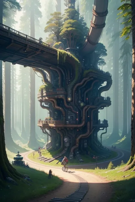 a girl rides a bicycle, in running shorts, short shorts, a group of pipes sitting in the middle of a forest, inspired by Gediminas Pranckevicius, warcraft architecture, vertical wallpaper, tubular creature, industrial pipes

