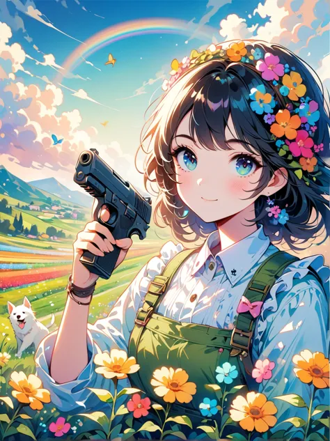 French countryside，Illustration of a cute girl，Black long hair，Wearing maid outfit, maid，Holding a white dog，Walking in the flower fields，Cloudy sky in the background，Right hand holding the gun，The gun is pointed at you，Happy expression，digital art style，R...