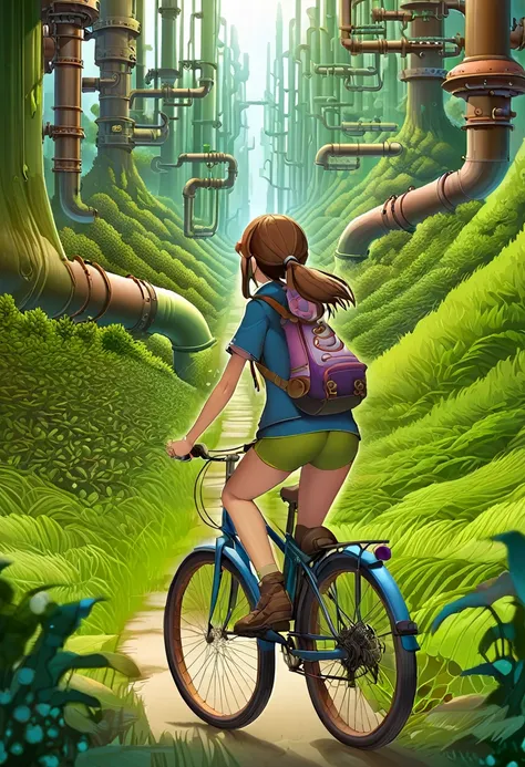 a girl rides a bicycle, in running shorts, short shorts, a group of pipes sitting in the middle of a forest, inspired by Gediminas Pranckevicius, warcraft architecture, vertical wallpaper, tubular creature, industrial pipes
