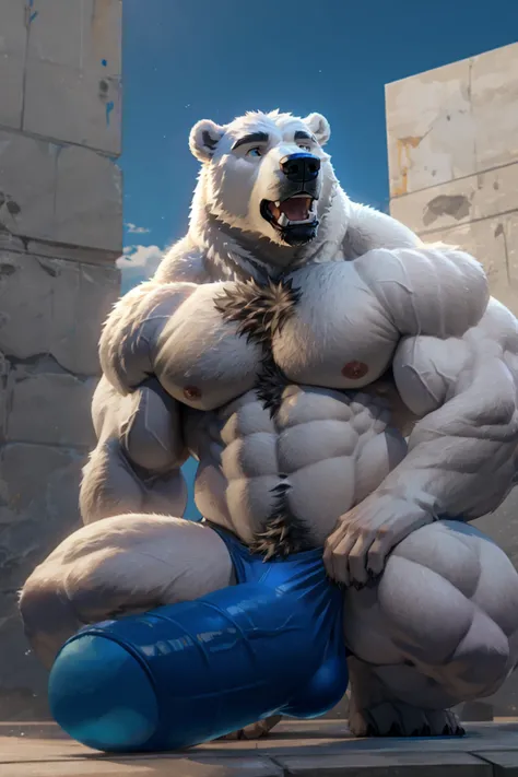 Muscular Polar Bear、Extremely large bulging crotch underwear、Outline of a very large penis、Polar bear fur、Kneeling pose、Very huge muscles、Polar bear looking sideways、Lots of pubic hair、Very long armpit hair、Thick chest hair、Composition looking up from diag...