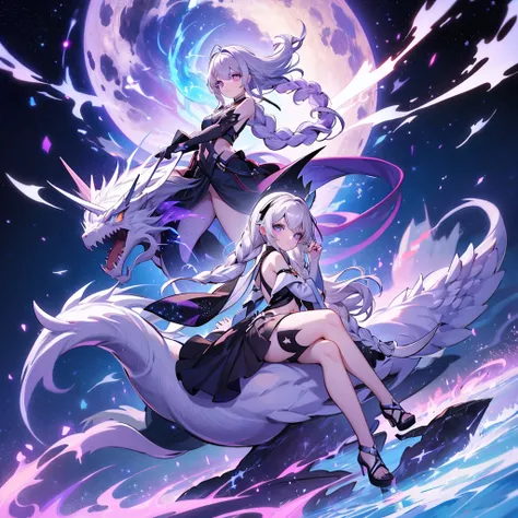 A couple is riding on the back of a white dragon、highest quality、Masterpiece、Official Art、Award-winning works、The best composition、A couple is riding on the back of a white dragon、Picture facing the viewer、god々Shii、yinji,1girl,solo, purple eyes, long hair,...