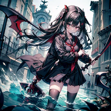 highest quality、Masterpiece、Official Art、The best composition、A high school girl vampire hunter wearing a black sailor uniform、Has the Grim Reaper&#39;s Scythe、Wind、deep focus,absurdres、detailed eyes and face、Blood splatter、Blood is dripping from the scyth...