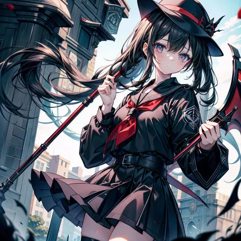 highest quality、Masterpiece、Official Art、The best composition、A high school girl vampire hunter wearing a black sailor uniform、Has the Grim Reaper&#39;s Scythe、Wind、deep focus,absurdres、detailed eyes and face、Blood splatter、Blood is dripping from the scyth...