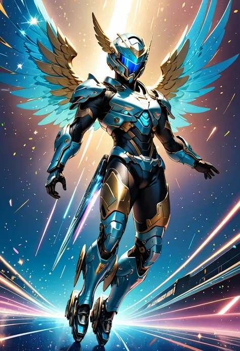 (masterpiece, best quality:1.1),
(ultra highres, ultra-detailed:1.2) ,male,God floating in air,Winged Helmet,(mechanical iron wings),rollerblade,Metallic Light bodysuit,(fullbody),divine,beautiful effects,(running at sky),(Glitter:1.5) ,(blue sparkle:1.5) ...