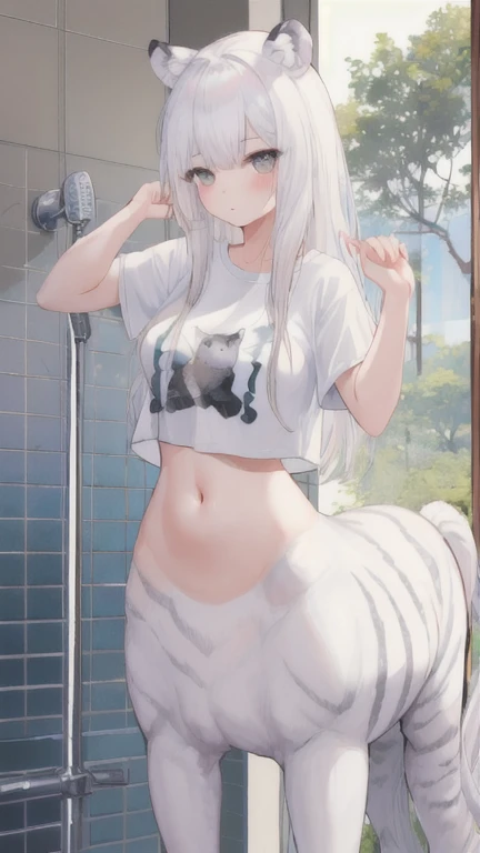 (best quality, masterpiece), 1 girl, centaur, It takes, Showering, belly button t-shirt, 아름다운 소녀 perfect white tiger photo, perfect white tiger photo