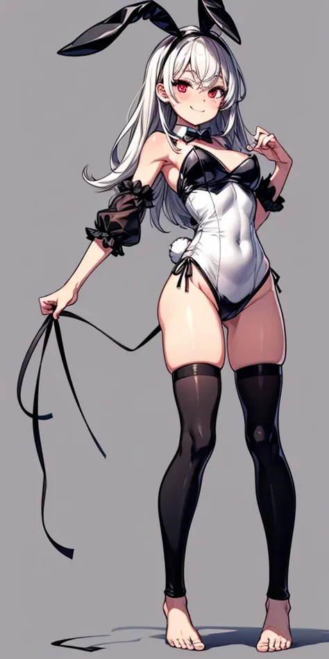 black bunny outfit, barefoot, bare hands, black sleeves, black stockings, happy face, red eyes, white bunny tail