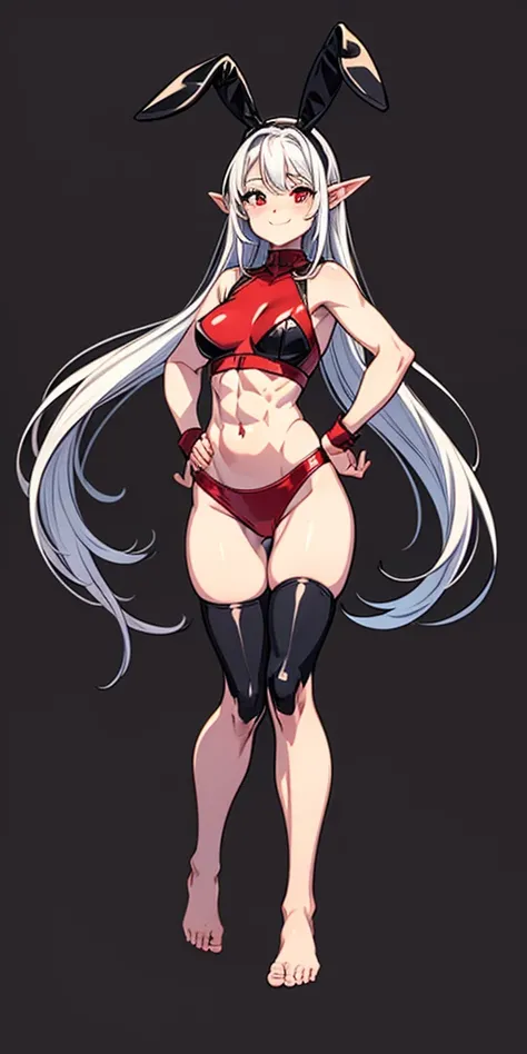 (Masterpiece, plain background:1.2) 1sologirl female full body, standing straight symmetrical barefoot barehand together looking to camera view from farther shot below angle, strong abs, red cheeks smiling, dark elf, darkest blacked elf skin, long mess whi...