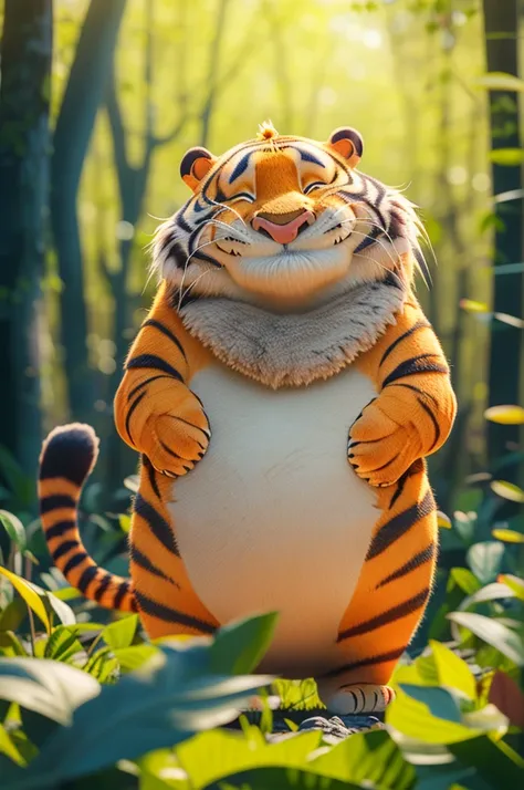 masterpiece, high quality, fat cute tiger, there is a belly, in the woods