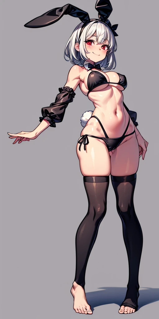 black bunny bikini, barefoot, bare hands, black sleeves, black stockings, happy face, red eyes, white bunny tail