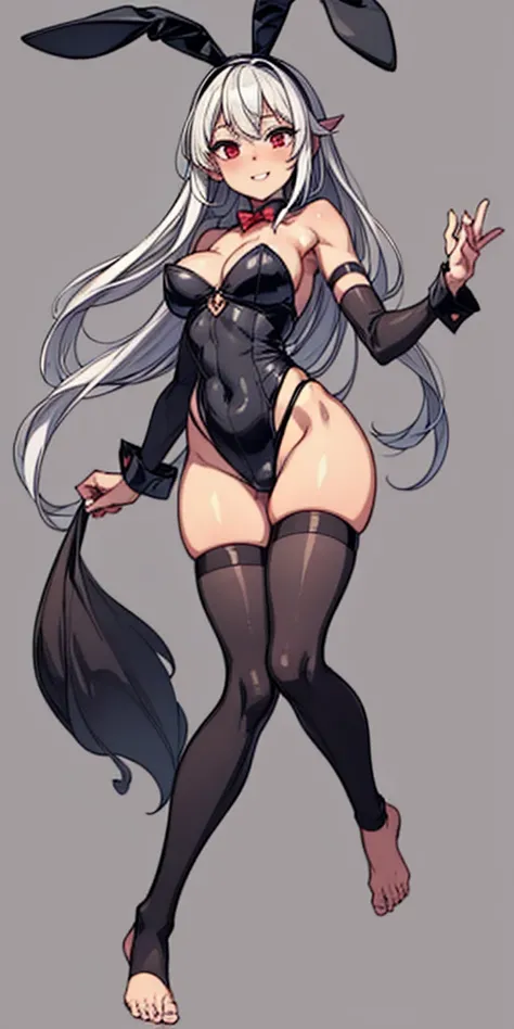 black bunny outfit, barefoot, bare hands, black sleeves, black stockings, happy face, red eyes, white bunny tail