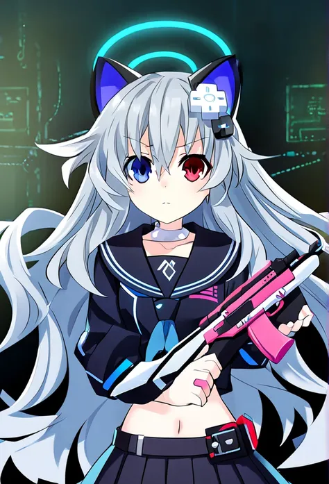 ((1girl)), ((grey hair)), cute, a female anime character holding two guns,【 sciart 💙💜 mson, coilgun, wavy long hair, cat-eared headset with neon light purple color, heterochromia eyes (blue eyes, red eyes), ((black and dark blue outfit)), white ornaments, ...