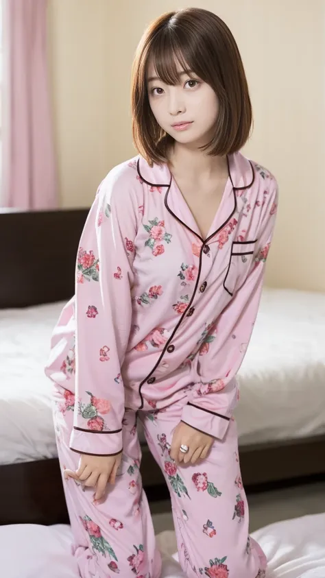 a woman in pink floral pajamas is sitting on her bed, redheadの少女, beautiful redheadの女性, redheadの女性, young redheadの少女, short brig...