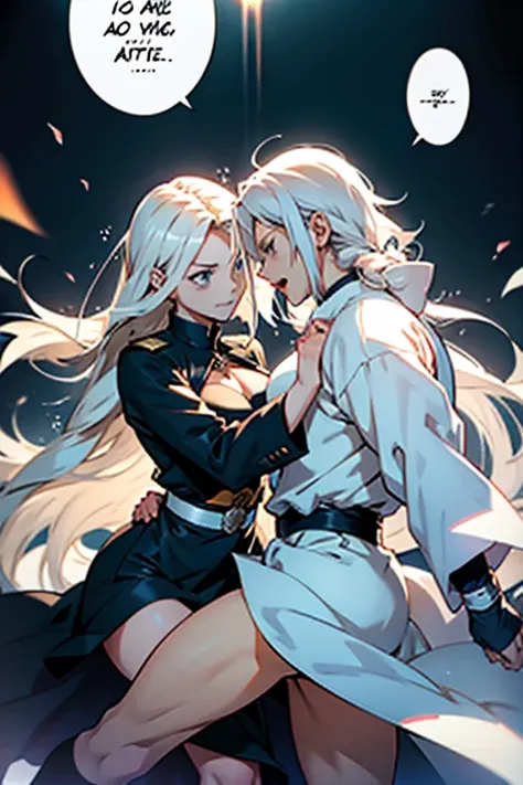 Anime girl with long white hair fighting, manga panels with dialogue 