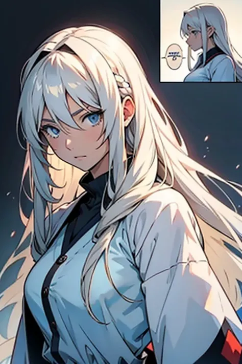 Anime girl with long white hair, manga panels with dialogue 