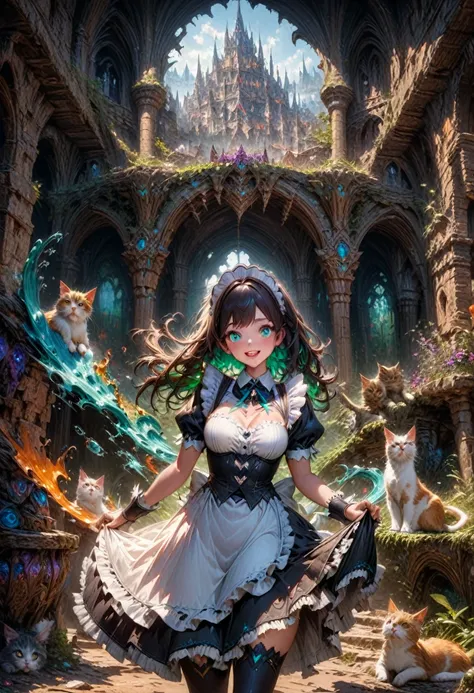 Maid Outfit, A sweet curvy girl in a maid outfit laughing with her kitties, detailed matte painting, deep color, fantastical, intricate detail, splash screen, complementary colors, fantasy concept art, 8k resolution trending on Artstation Unreal Engine 5