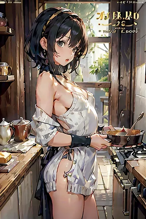 (small breasts:1.2), (perky chest:1.1), (pointed chest:1.0), (cooking magazine cover:1.3)，(from below:1.2),(from side:0.9),masterpiece, 1girl, Amazing Cleavage:1.1, thin waist, big ass, Raised sexy, small breast: 1.2, posed cleavage:1.2、solo, open mouth, h...