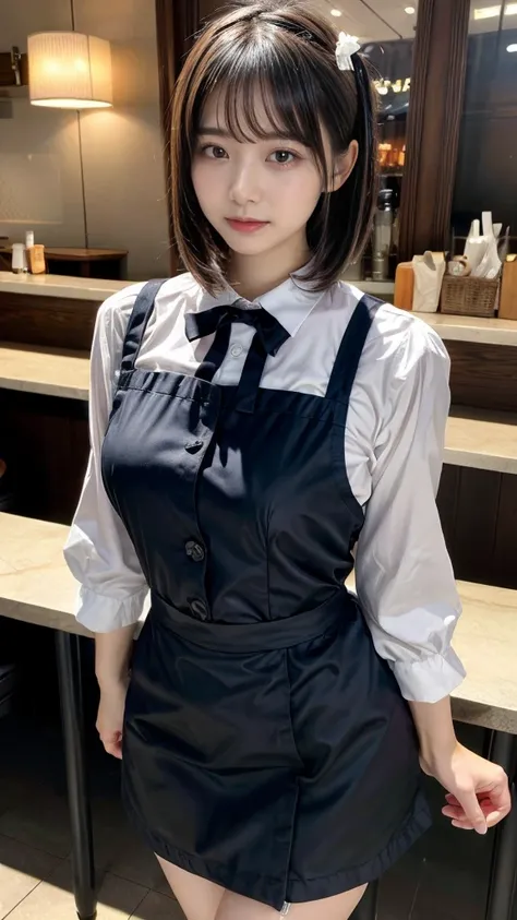 masterpiece, best quality, illustration, Super detailed, fine details, High resolution, 8K,wall paper, perfect dynamic composition,(Details High quality, realistic depiction of eyes:1.3), waitress uniform, restaurant, huge breasts, short bob hair、black hai...