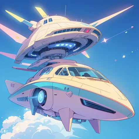 Futuristic flying star-shaped pastel colored vehicle、Kawaii Tech,