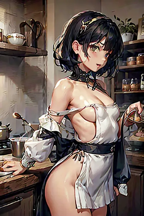 (small breasts:1.2), (perky chest:1.1), (pointed chest:1.0), (cooking magazine cover:1.3)，(from below:1.2),(from side:0.9),masterpiece, 1girl, Amazing Cleavage:1.1, thin waist, big ass, Raised sexy, small breast: 1.2, posed cleavage:1.2、solo, open mouth, h...