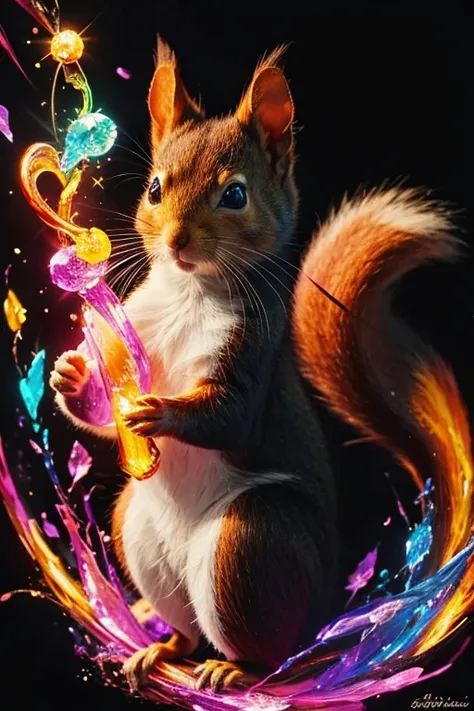 Colorful squirrel painting on black background,, Breathtaking Rendering, In a shining connection, Inspired by Kinuko Y. Crafting,, Magical Elements, Kitten Icon, oh, Is beautiful, Cast a variety of spells, bright flash, flash