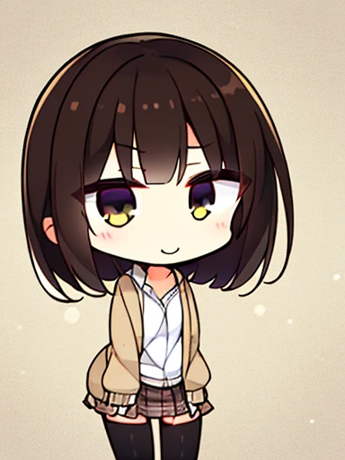 1girl,solo,chibi,dark_blown_hair,bob_hair,smile,Light brown cardigan, baggy cardigan, white shirt, cute shirt, skirt, pleated skirt, brown skirt, plaid skirt, thigh-highs sleeves_past_wrists,expensive_solve, clear_image, expensive_Contrast, 8k, Sparkling, ...