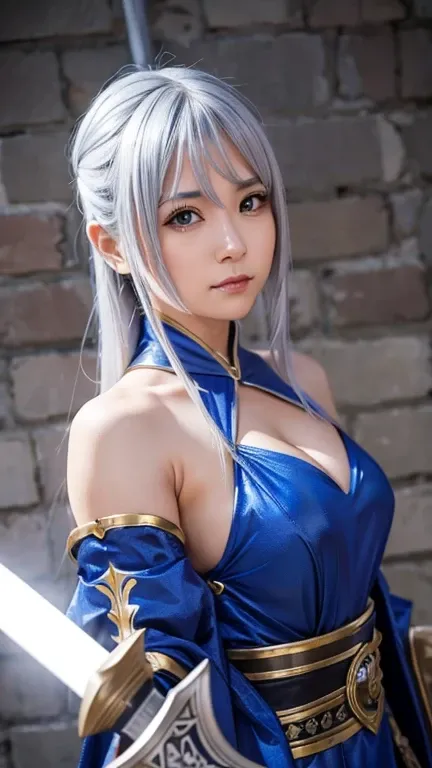 8k、warrior cosplay、silver hair、large breasts、balanced face、beauty、holding a sword on the plateau、silver shoulder guards、silva&#3...