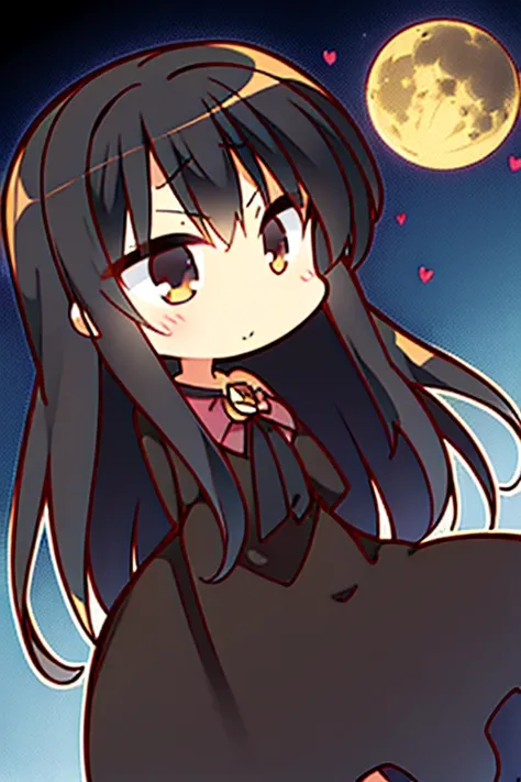 A black haired woman with brown eyes in an hourglass figure in a cute dress is blushing with a rose in front of a full moon