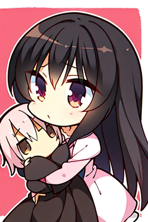 A black haired woman with brown eyes in an hourglass figure in a cute dress is hugging a pink haired woman with a violet eyes 